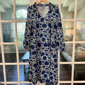 Maxi Shift Dress - Tassels and Long Sleeves - Blue and White 2XL